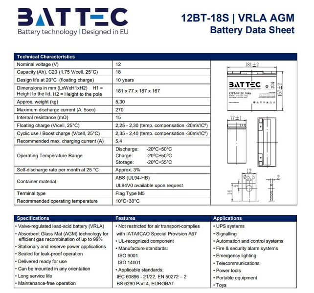Акумуляторна батарея 12В/18Аг BATTEC BT18 фото