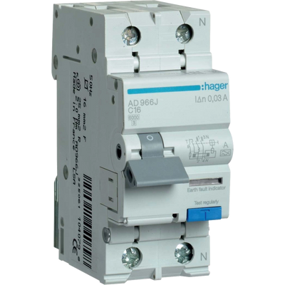 Hager 1+N С16/30mA 6кА, тип-A AD966J Дифавтомат 27882 фото